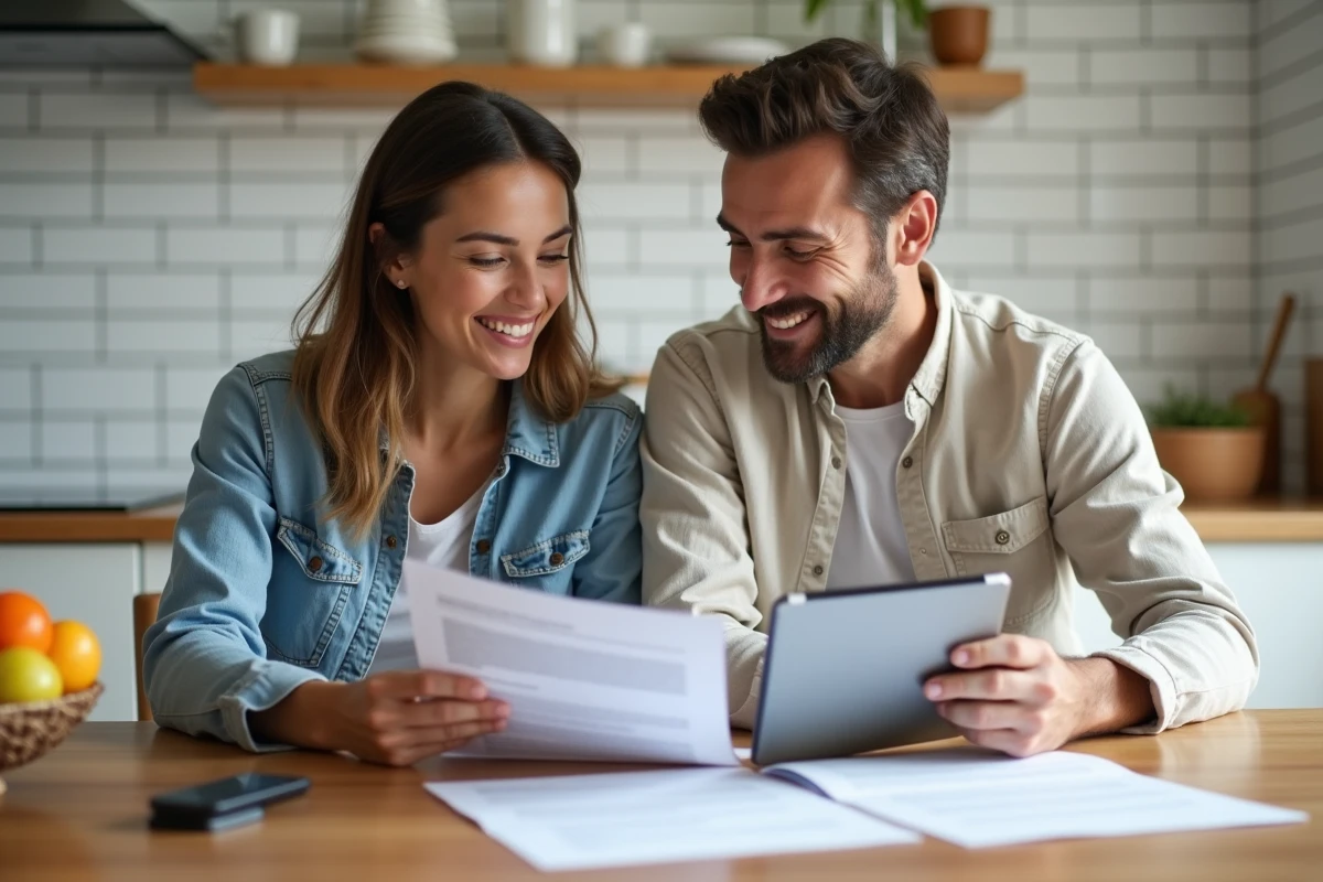 Couple vérifiant des documents administratifs de logement ensemble à la table de la cuisine avec une tablette