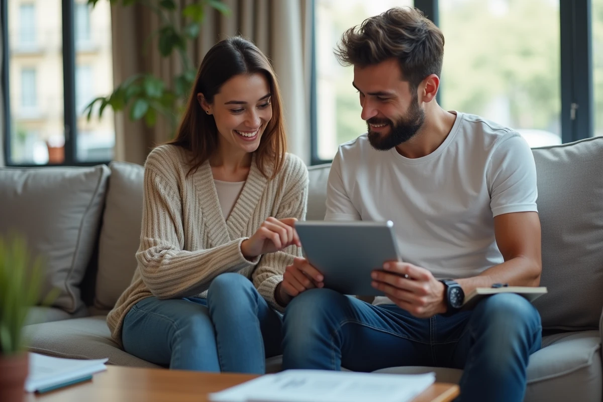 Couple vérifiant leur dossier de location sur tablette pour corriger les erreurs avant soumission