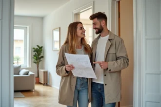 Couple de jeunes adultes examinant le plan d'un appartement T2 avec une seule chambre dans un couloir lumineux à parquet clair