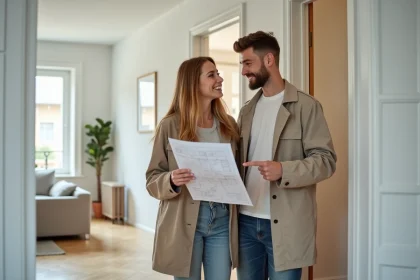 Couple de jeunes adultes examinant le plan d'un appartement T2 avec une seule chambre dans un couloir lumineux à parquet clair