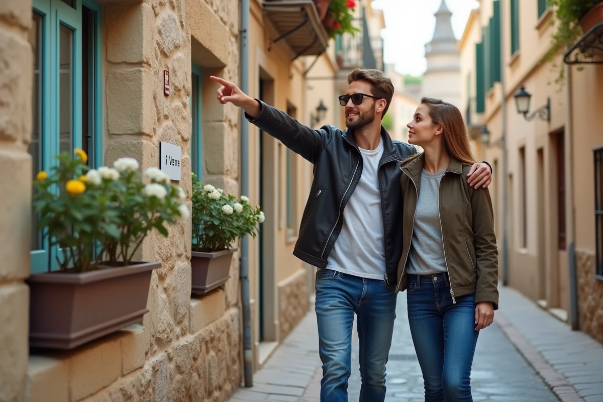 Couple en visite immobilière dans une rue typique de Perpignan devant une maison à vendre
