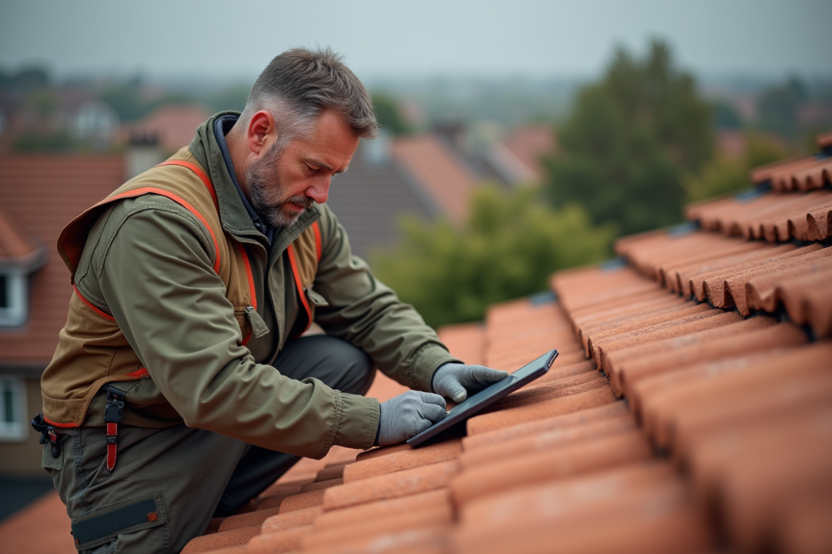 Ouvrier couvreur mesurant des tuiles en terre cuite sur un toit