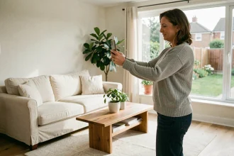Femme créant une visite virtuelle 360 degrés de son salon avec un smartphone