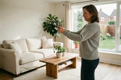 Femme créant une visite virtuelle 360 degrés de son salon avec un smartphone