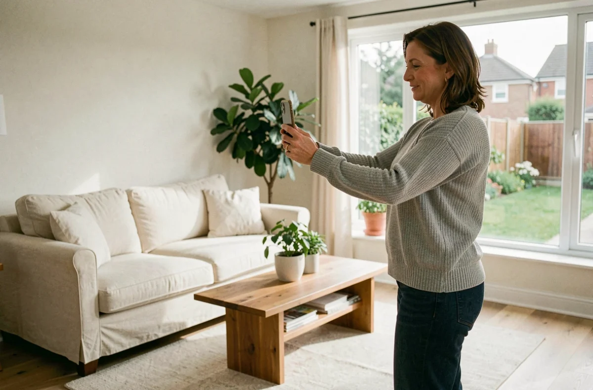 Femme créant une visite virtuelle 360 degrés de son salon avec un smartphone