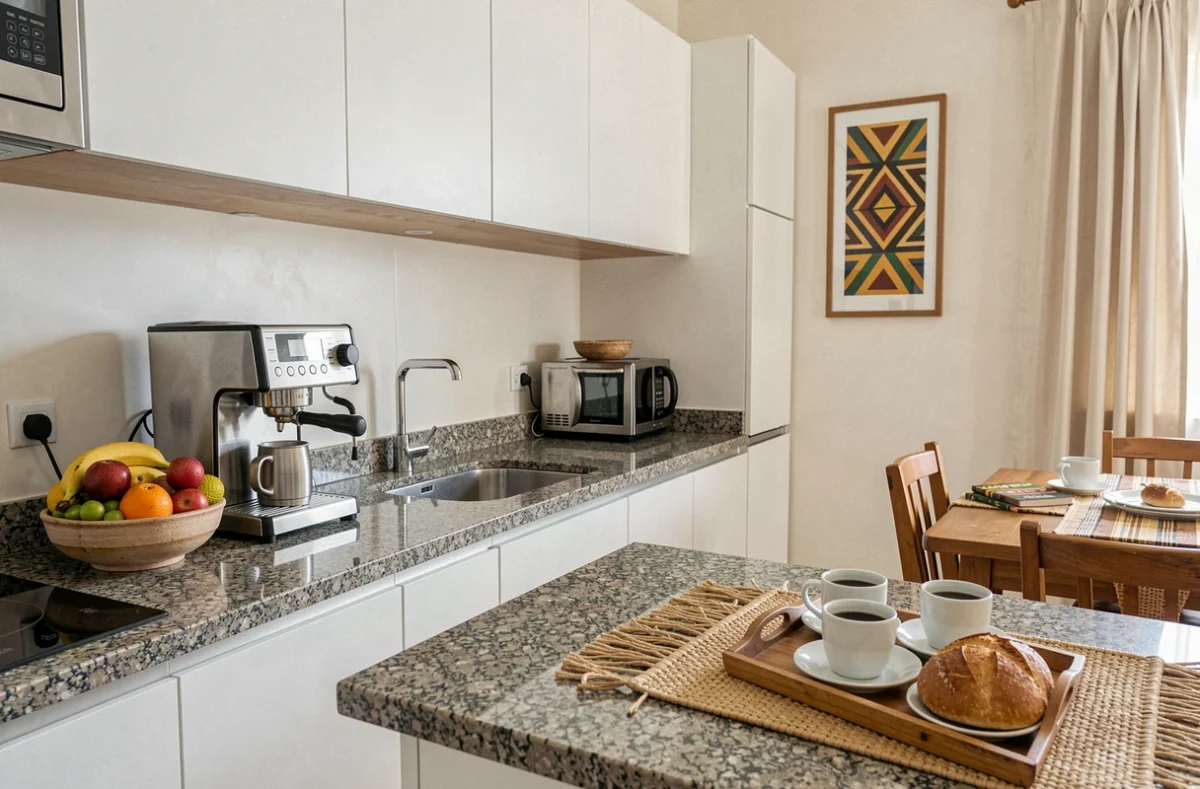 Cuisine équipée d'un appartement en location à Dakar pour séjour professionnel de courte durée