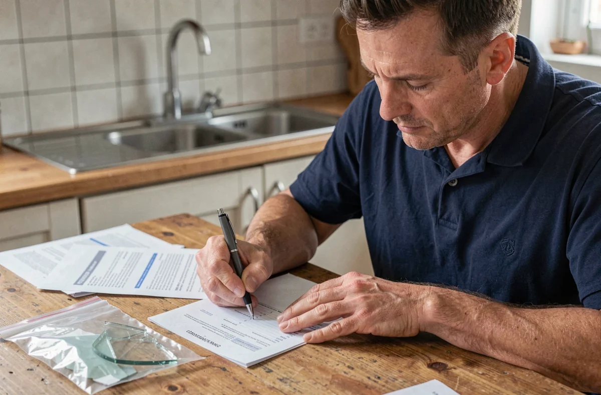 Homme remplissant une déclaration de bris de glace pour son assurance habitation