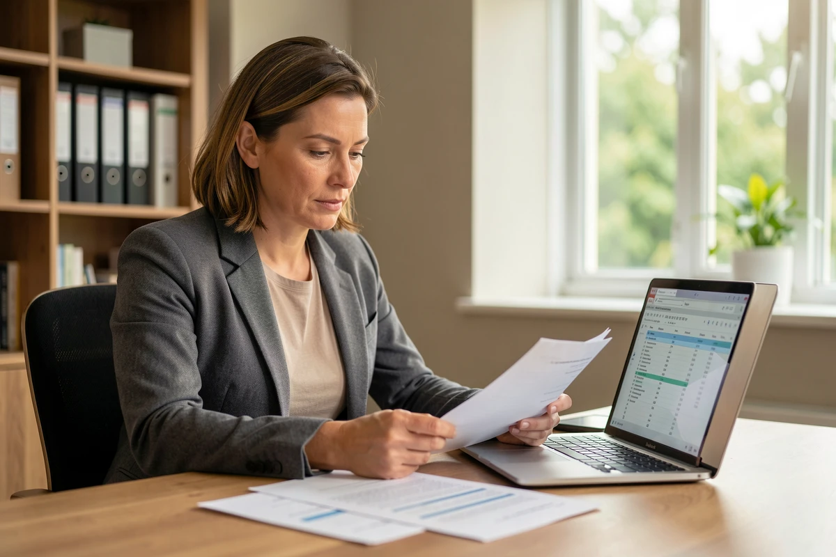Femme consultant des documents fiscaux liés à la déclaration LMNP pour un mobil home