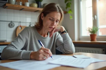 Femme lisant un formulaire CAF de déclaration de loyers à sa table de cuisine