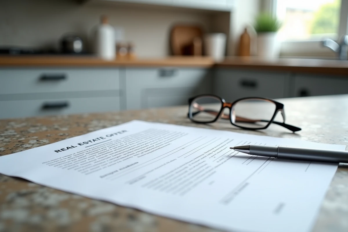 Gros plan d'une proposition d'achat immobilier avec stylo et lunettes sur un plan de travail en pierre