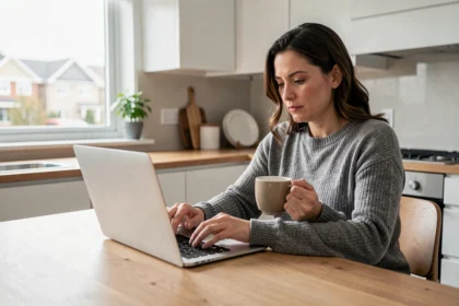 Femme obtenant un devis d'assurance maison en ligne depuis sa cuisine avec un ordinateur portable