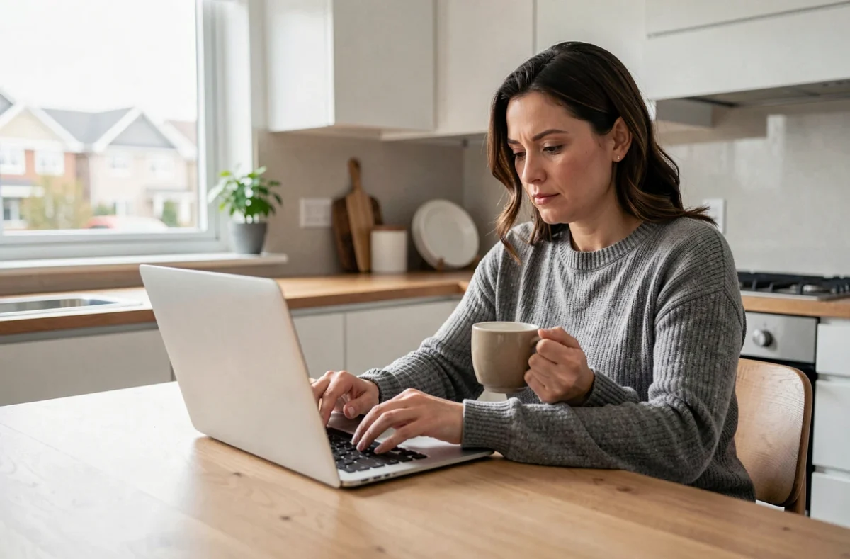 Femme obtenant un devis d'assurance maison en ligne depuis sa cuisine avec un ordinateur portable