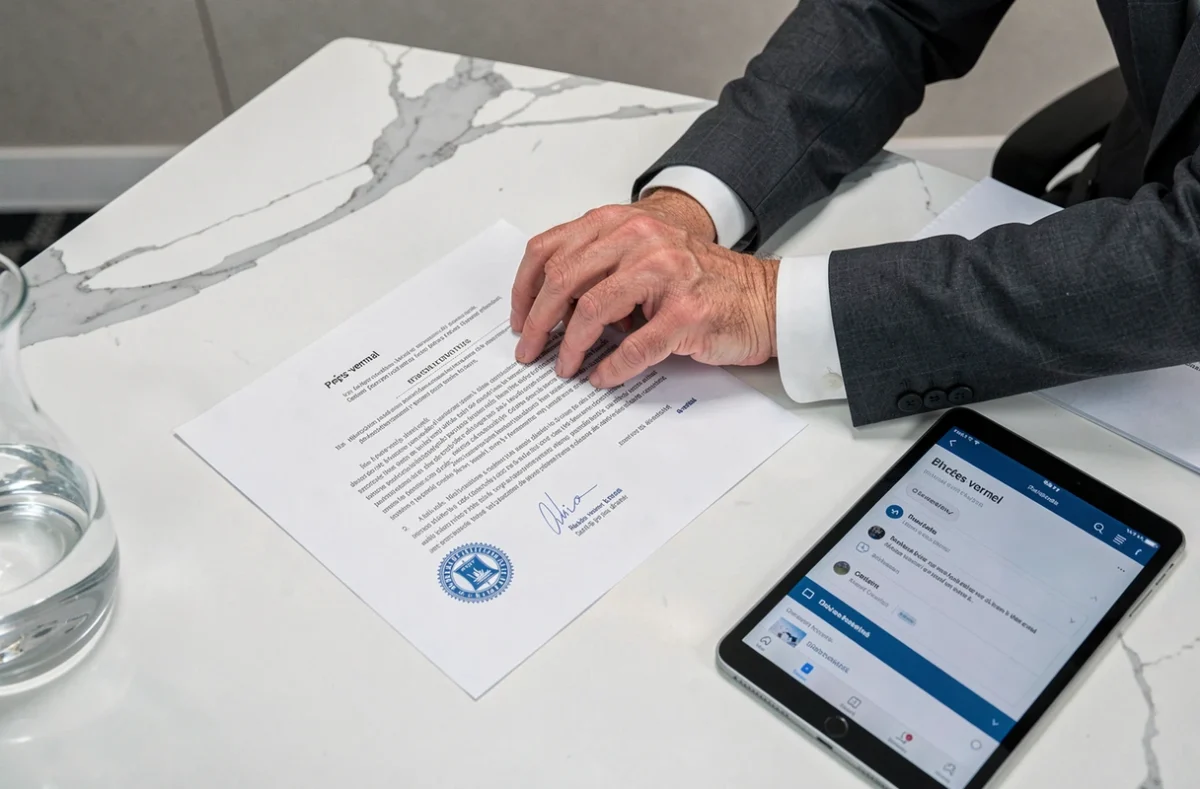 Mains professionnelles organisant des documents légaux imprimés dont un contrat et un procès-verbal téléchargés depuis MyCitya espace client sur une table de réunion