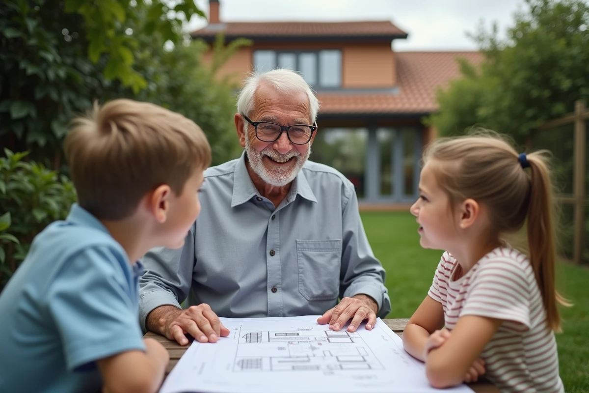 Enfants et homme dans le jardin discutant de plans de maison