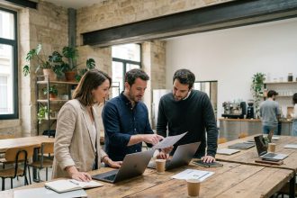 Trois professionnels collaborant dans un espace de coworking moderne à Bordeaux avec murs en pierre apparente