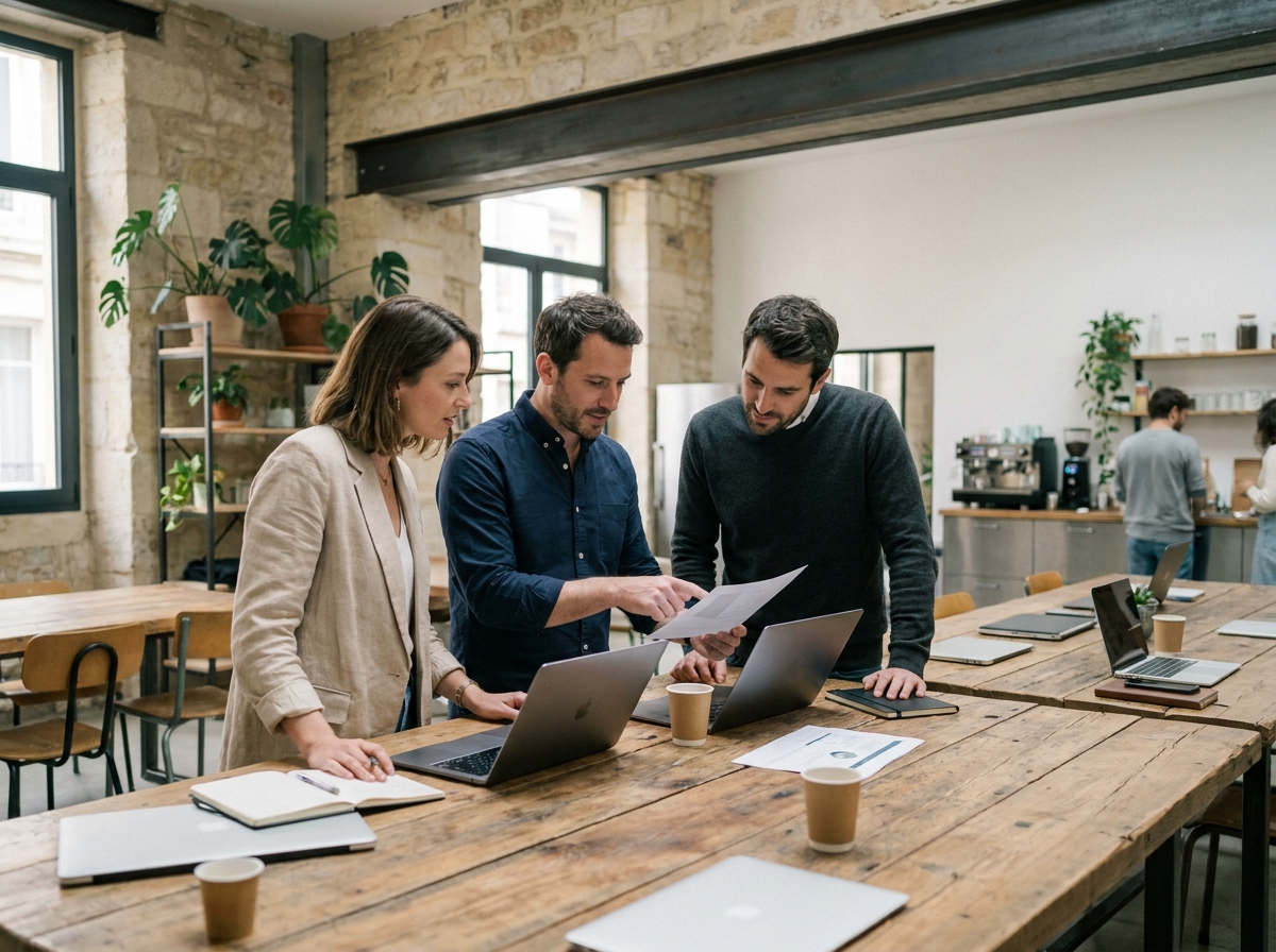 Trois professionnels collaborant dans un espace de coworking moderne à Bordeaux avec murs en pierre apparente
