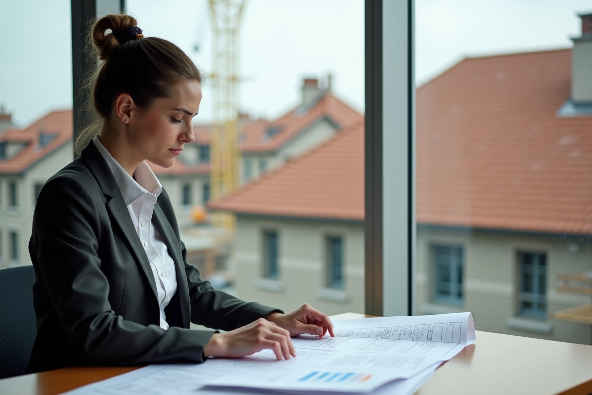 Femme estimatrice de toiture étudiant des plans et devis