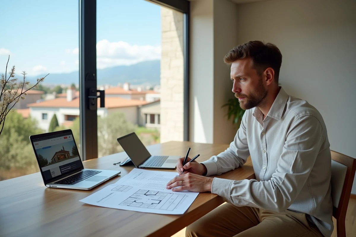 Homme étudiant des documents immobiliers dans un appartement moderne avec vue sur les toits de Perpignan