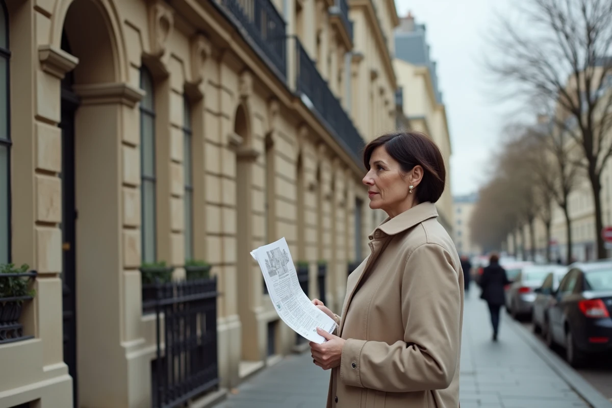 Une femme évalue un immeuble haussmannien en Île-de-France, tenant un dossier immobilier, pour illustrer les pièges liés à l'achat d'un viager libre
