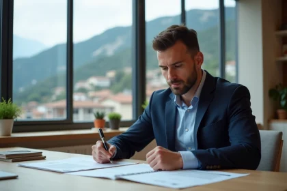 Expatrié examinant un contrat immobilier dans une agence avec vue sur les montagnes andorranes