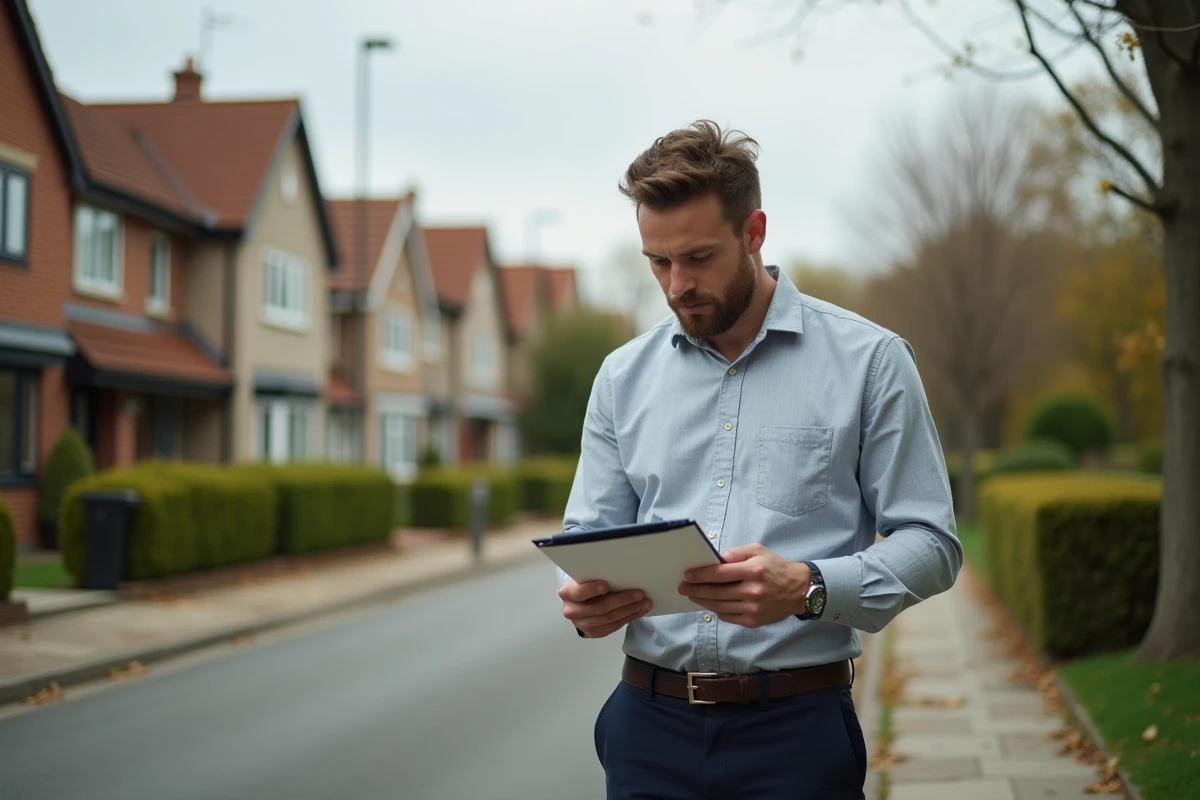 Expert immobilier évaluant une maison sur le terrain avec smartphone et données en ligne pour estimation
