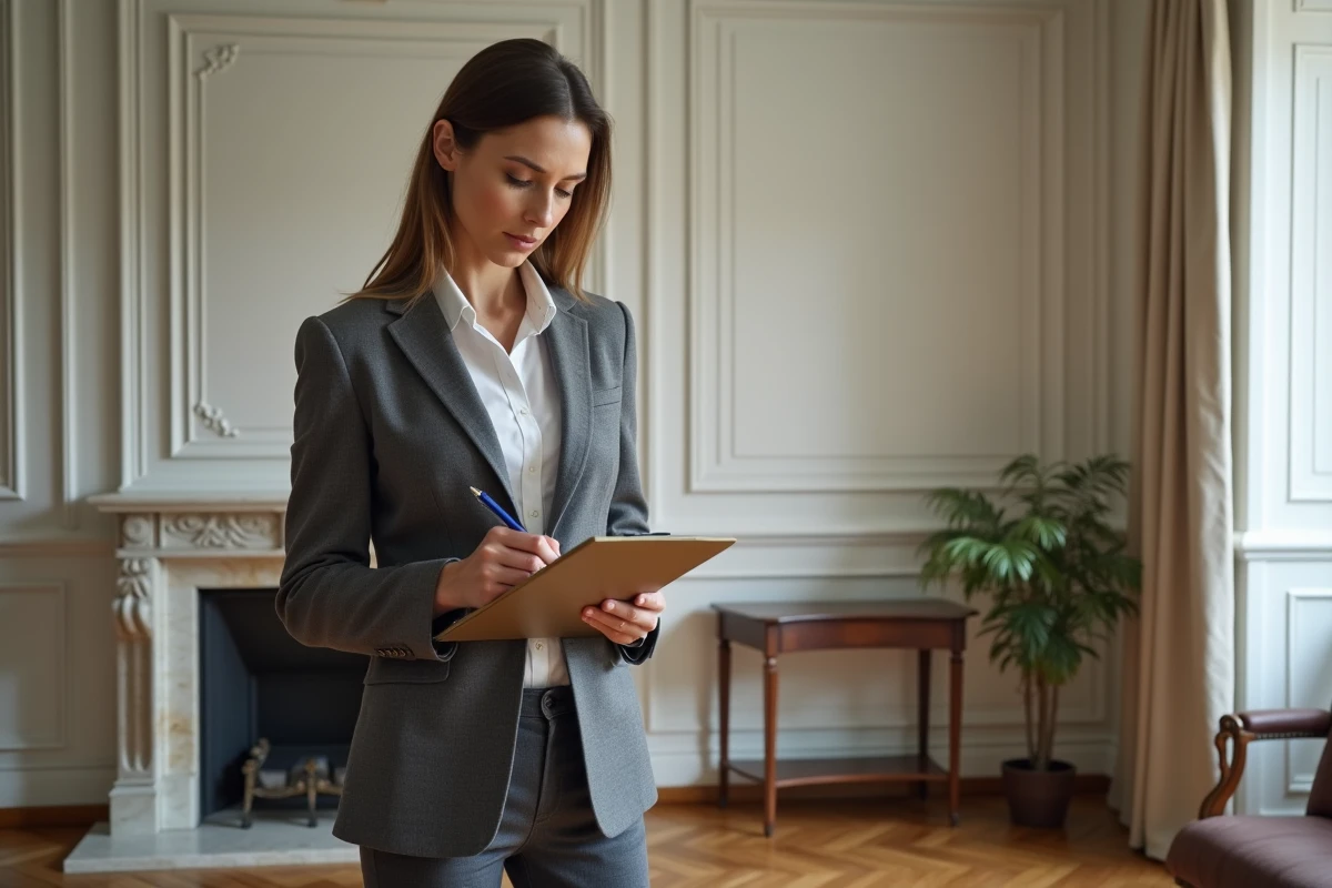 Experte immobilière évaluant un appartement lors d'une estimation pour succession