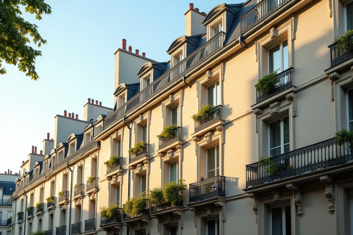 Façade d un immeuble parisien ensoleillé avec fenêtres et plantes