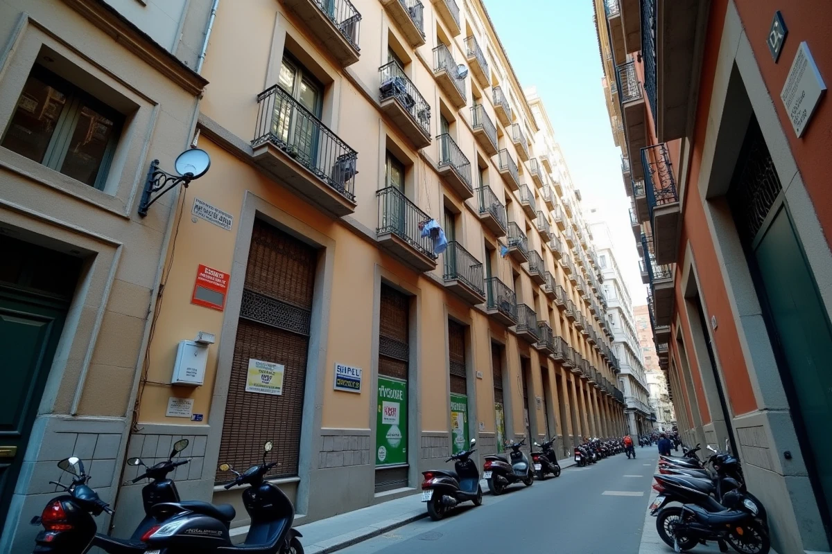 Façade d'immeuble résidentiel à Barcelone avec panneaux de location et balcons, quartier central animé
