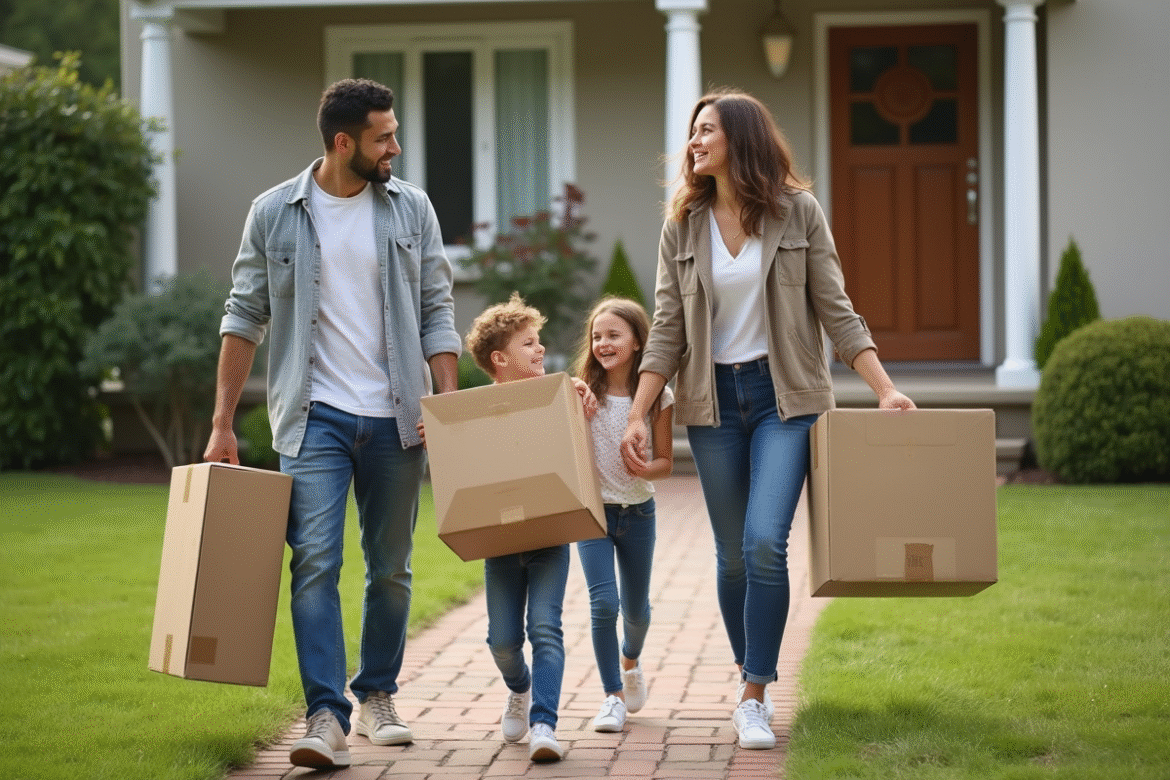 Famille avec enfants entrant dans une maison neuve en extérieur