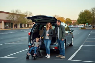 Famille avec voiture dans un parking en extérieur