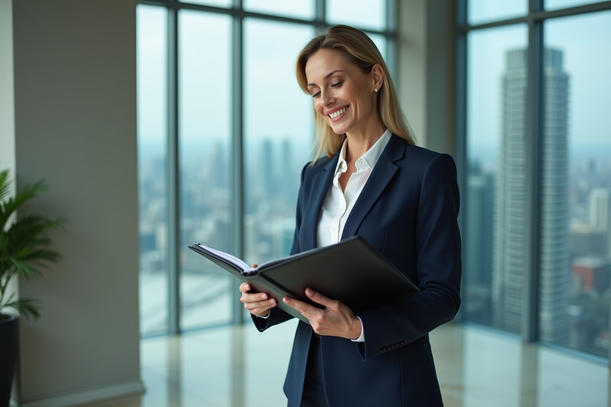 Femme d'affaires confiante en tailleur navy dans un bureau moderne