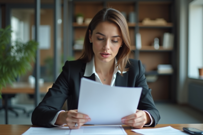 Femme d'affaires vérifiant des documents dans un bureau moderne