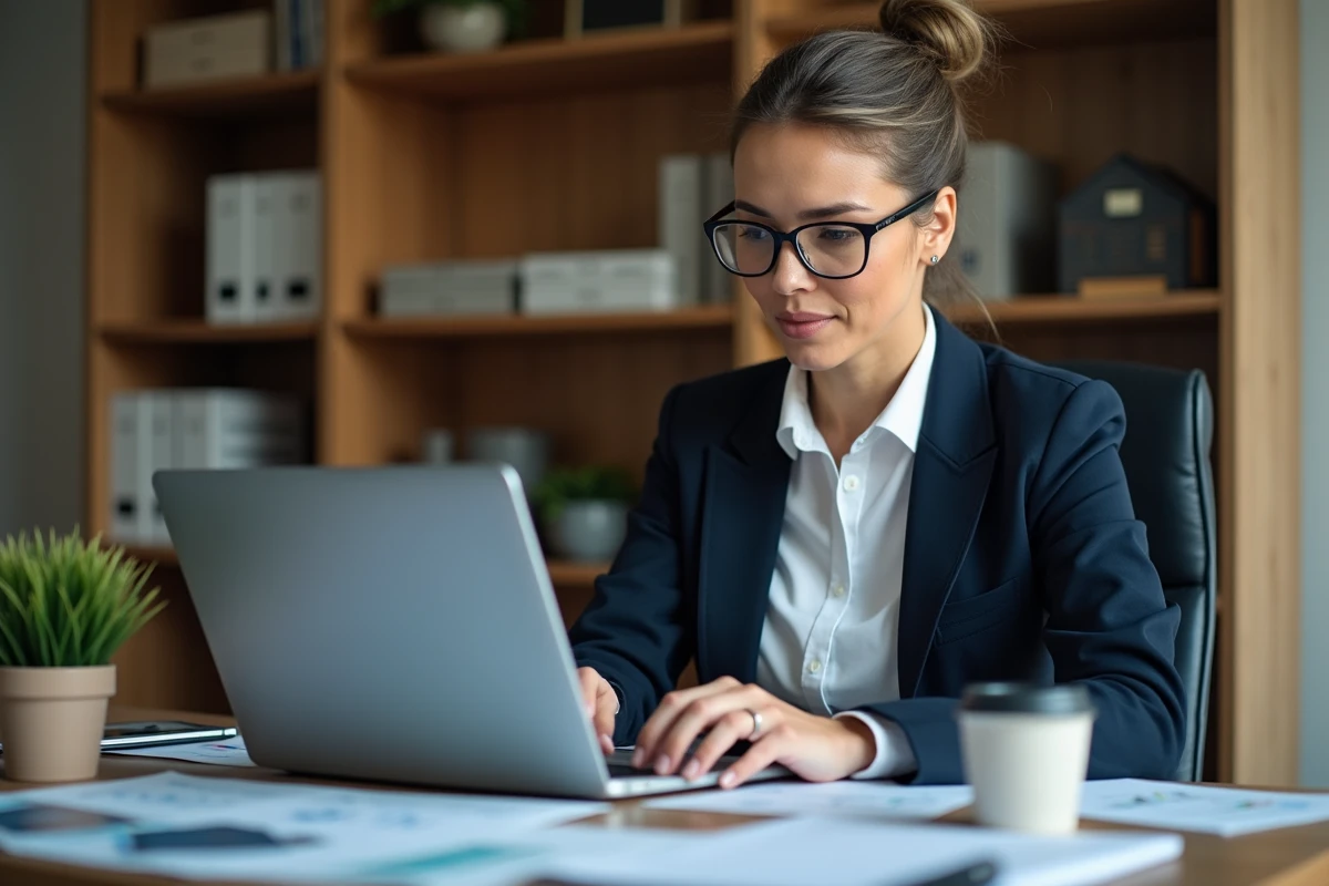 Femme professionnelle analysant un logiciel d'estimation immobilière sur ordinateur portable dans un bureau moderne