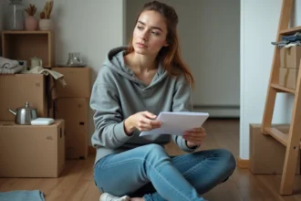 Femme réfléchissant dans un appartement modeste avec cartons