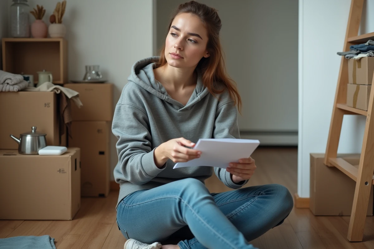 Femme réfléchissant dans un appartement modeste avec cartons