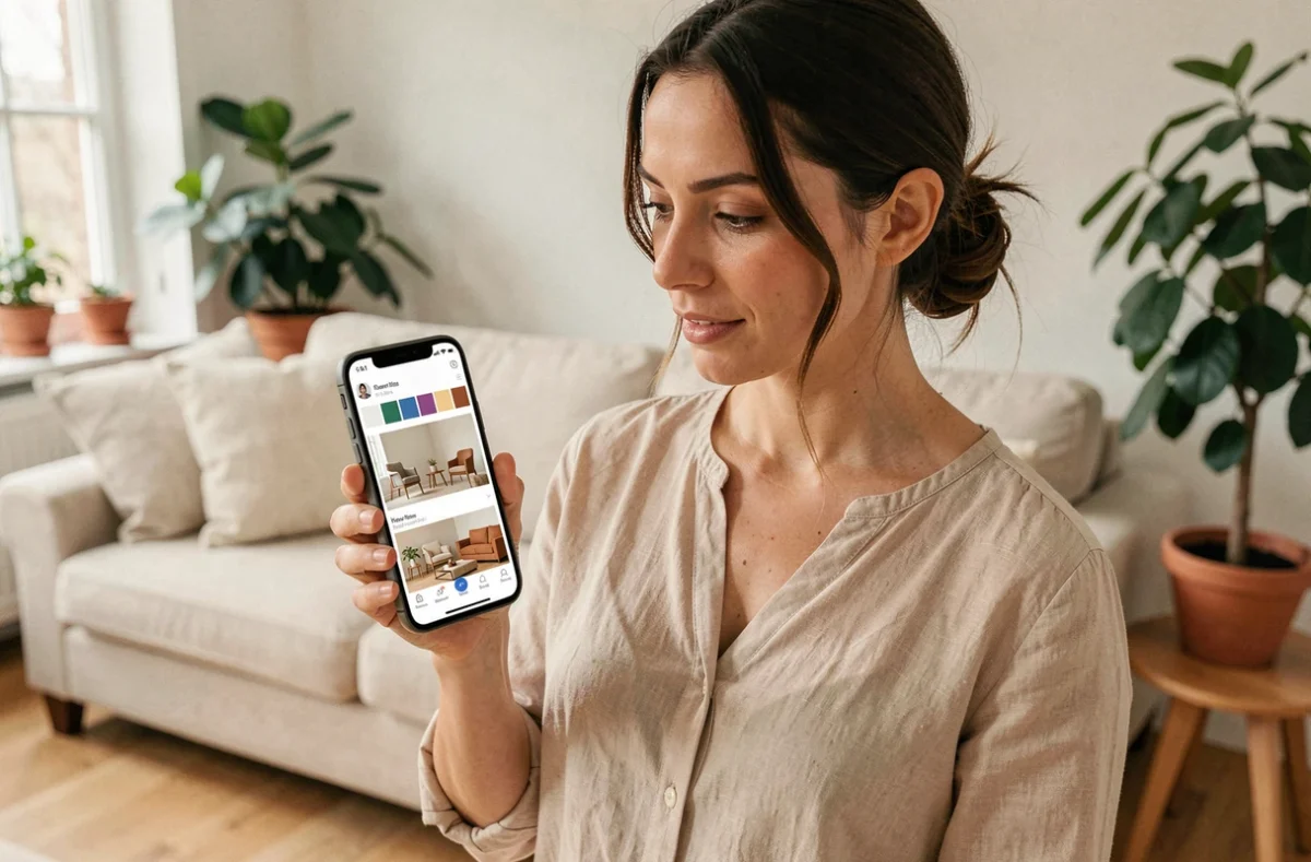 Femme utilisant l'application mobile raffinement-et-habitat.fr pour décorer son salon scandinave