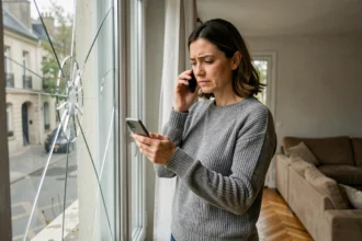 Femme examinant un bris de glace dans son appartement avant de contacter son assurance habitation