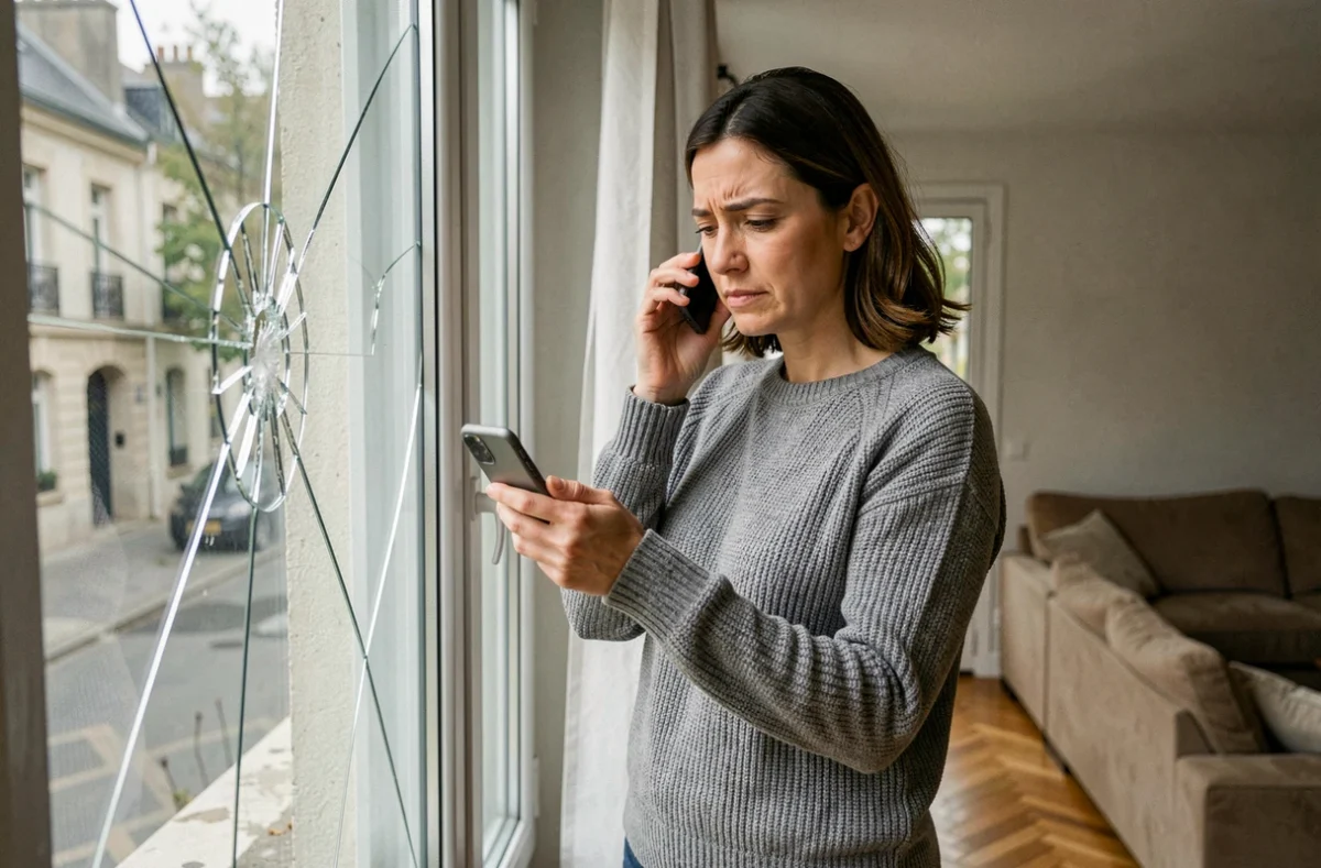 Femme examinant un bris de glace dans son appartement avant de contacter son assurance habitation