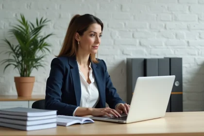 Femme professionnelle consultant ses documents sécurisés sur le portail Myfoncia depuis un bureau à domicile