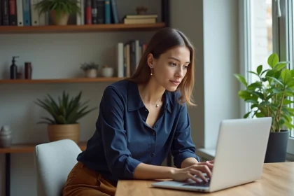 Femme au bureau à domicile en blouse navy et pantalon beige