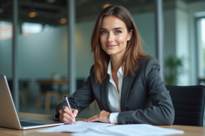 Femme en bureau avec papiers et ordinateur pour article titre
