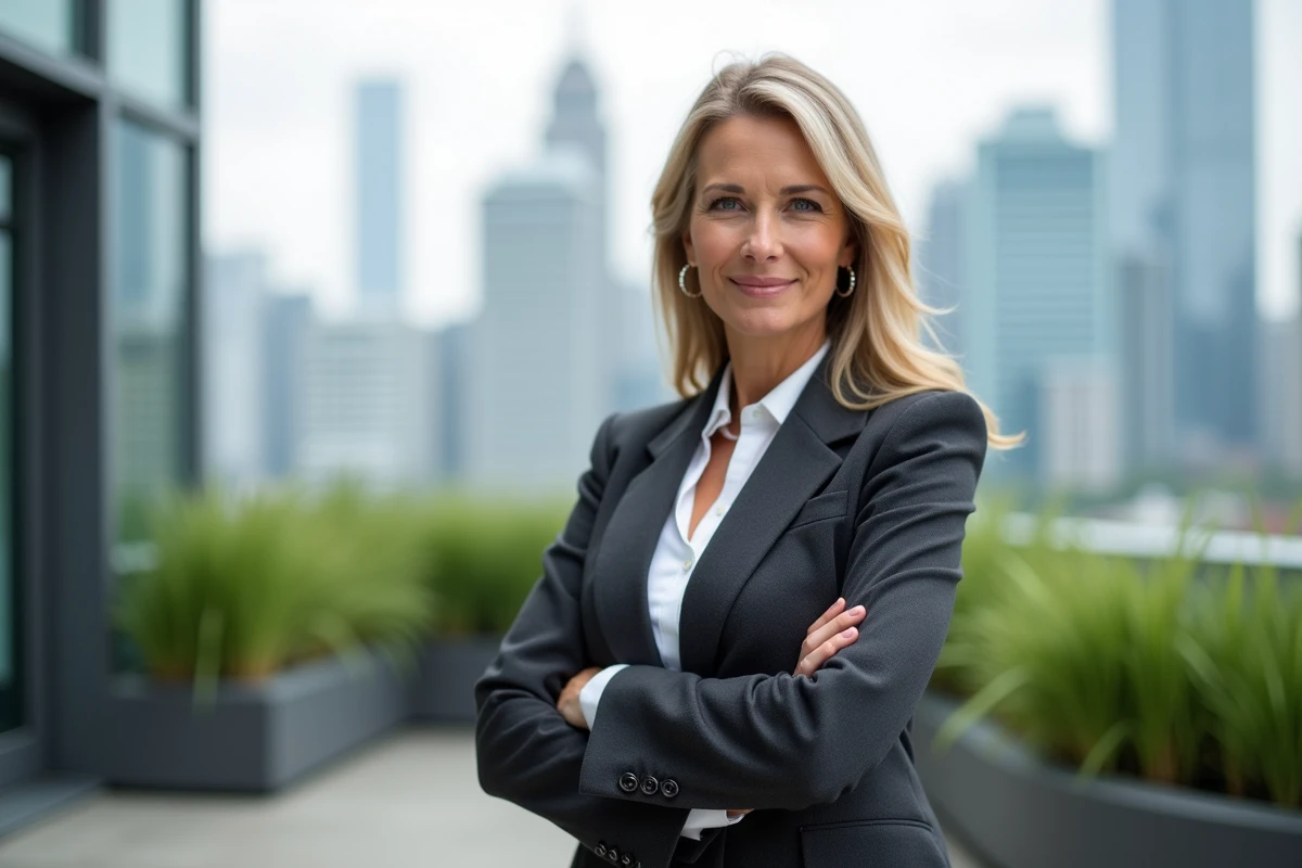 Femme CEO confiante sur une terrasse urbaine avec vue sur la ville