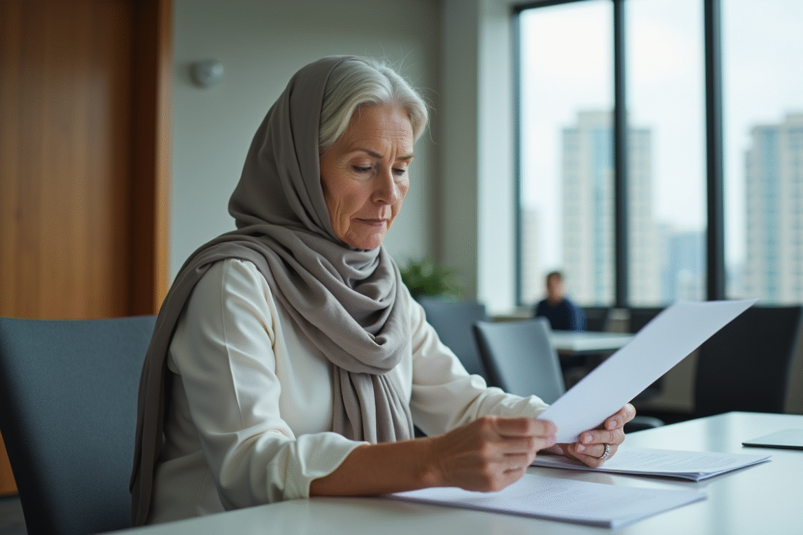 Femme d'âge moyen en blouse dans un bureau moderne