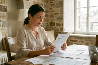 Femme lisant un contrat d'assurance habitation dans un appartement à Blois