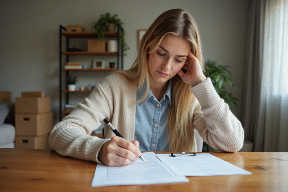 Femme remplissant un formulaire de location dans un appartement