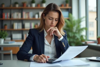 Femme en bureau examine un contrat de prêt immobilier