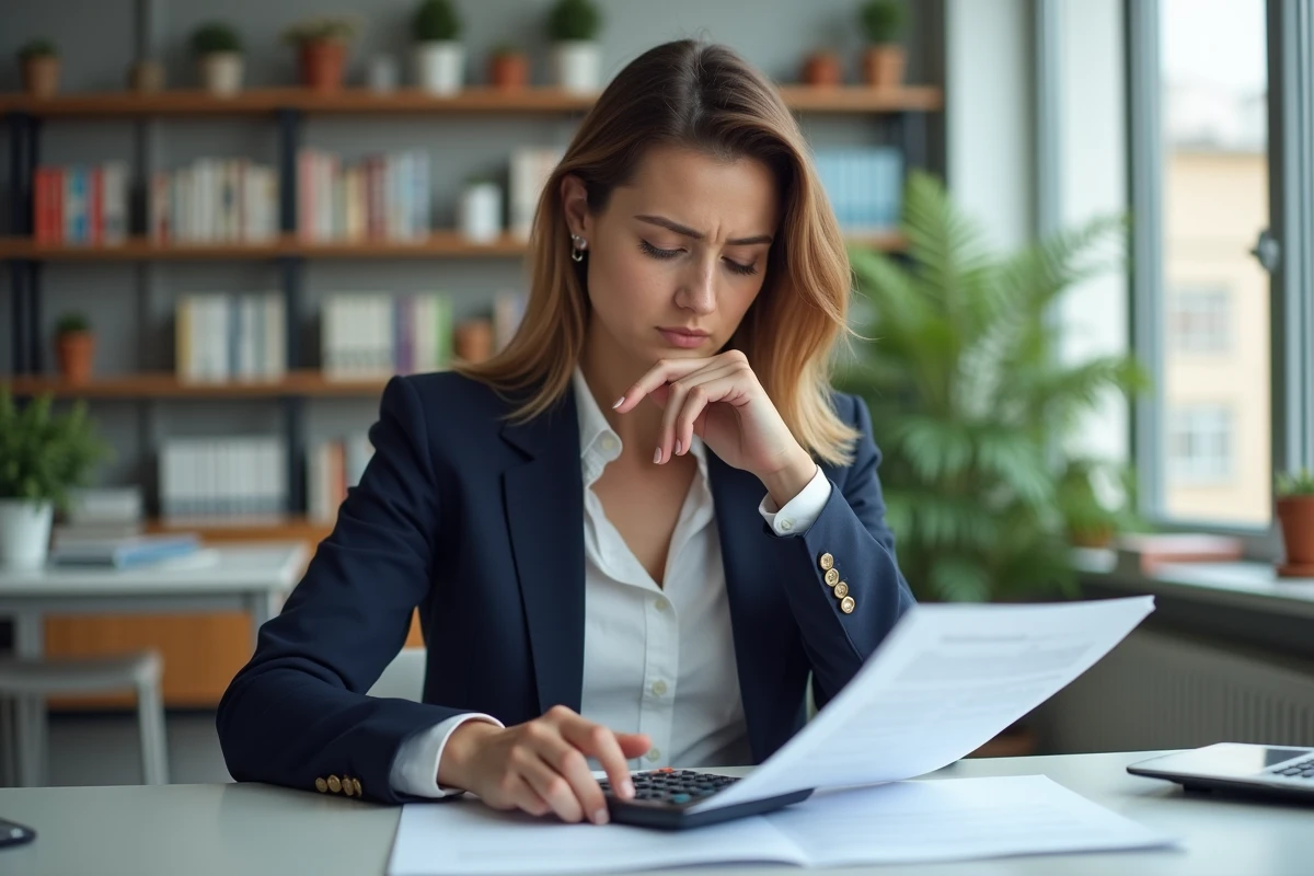 Femme en bureau examine un contrat de prêt immobilier