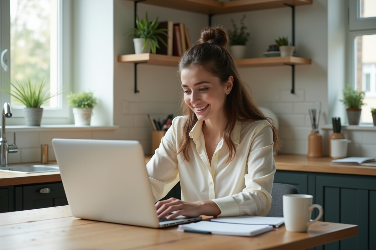 Jeune femme au domicile travaillant sur son ordinateur