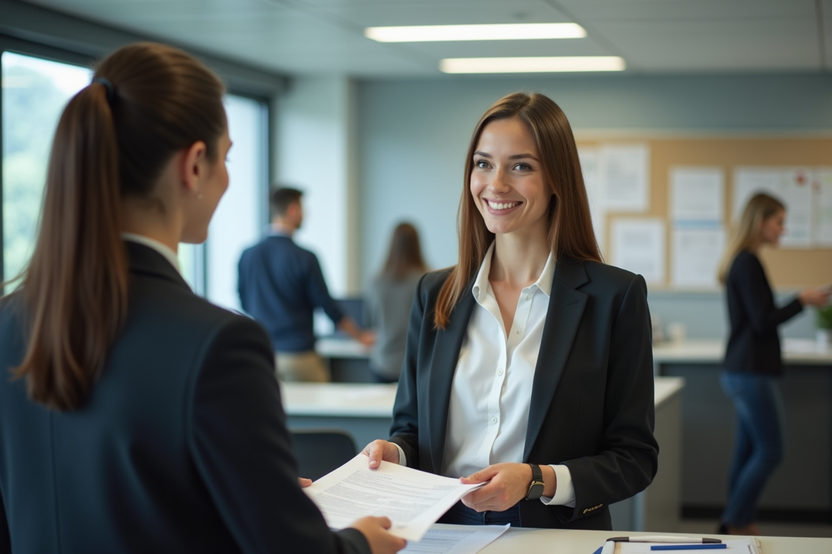 Jeune femme remettant un document à un agent à la mairie
