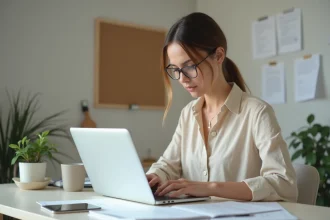 Femme gérant ses démarches administratives en ligne depuis son bureau à domicile avec des documents imprimés
